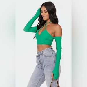 NEW Edikted Off-the-Shoulder Top Havana Green Thumbholes Halter Crop Ruched Tie